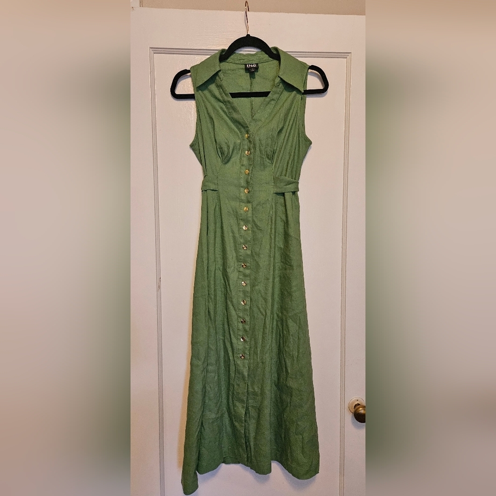 Sage Green Button-Front Sleeveless Linen Dress Petite Size Small
